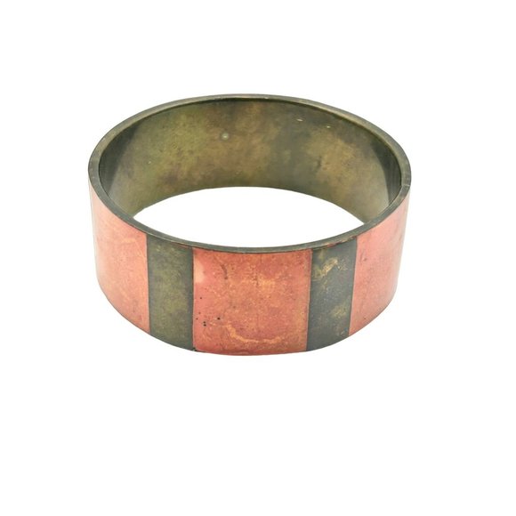 Vintage Apple Coral Sponge Coral Inlay Brass Bangle Bracelet Wide Ethnic Jewelry - Picture 1 of 8